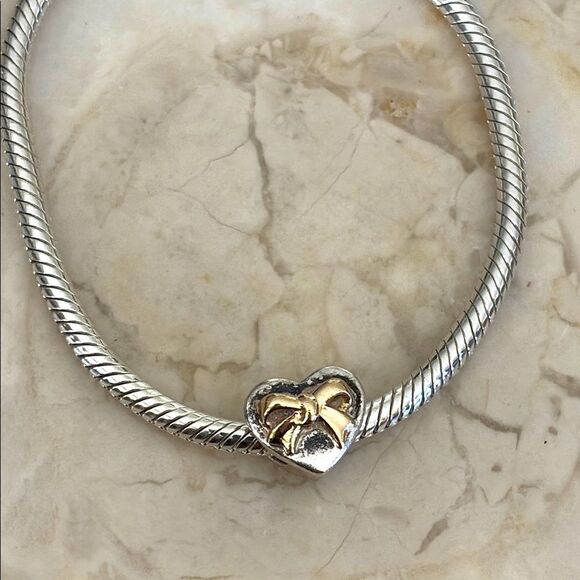 Michael Hill 925 Sterling Silver & 10K Gold Heart & Ribbon Charm Bead - Picture 1 of 5